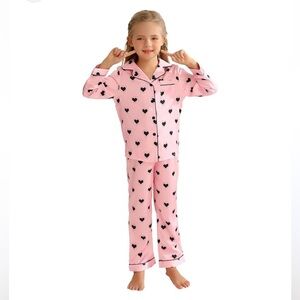 Kids girls satin pajamas hearts black and pink size 7